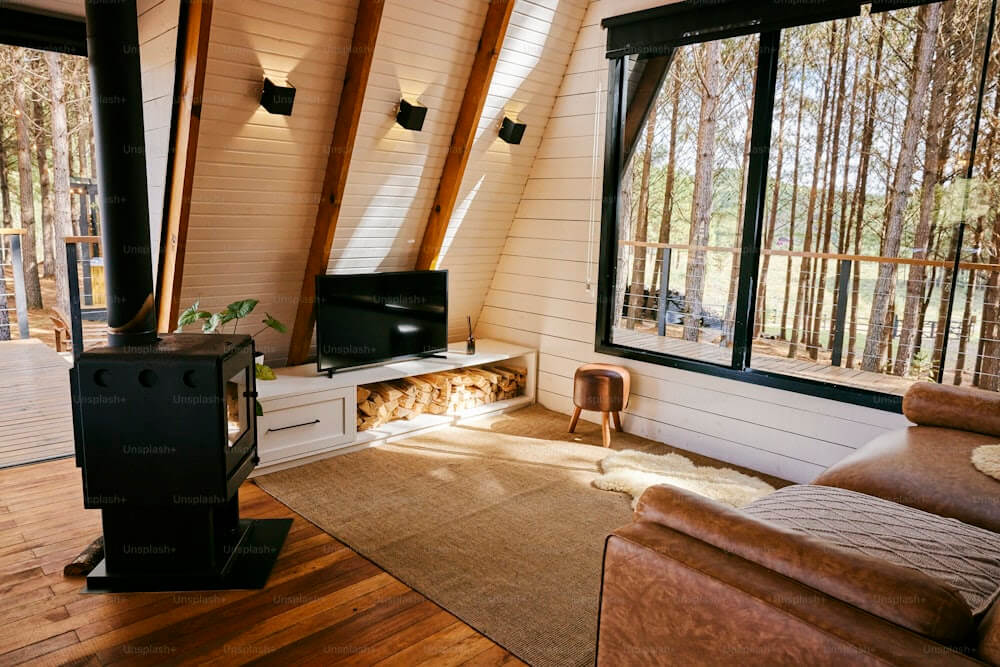 Wood stove in a cabin living room